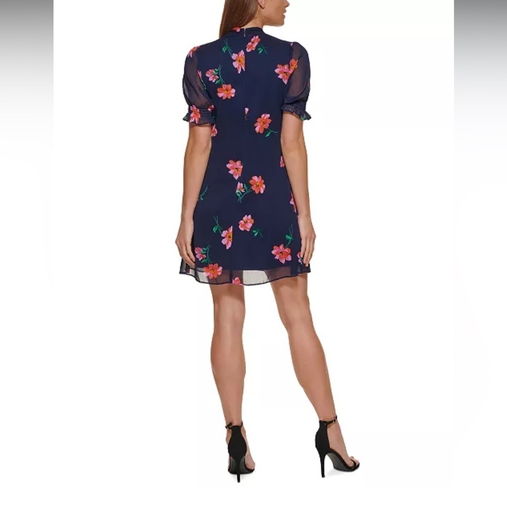 DKNY Party Floral Navy and Pink Flower Bow neck Ruffle Sheer Sleeves Mini Dress - Picture 14 of 16